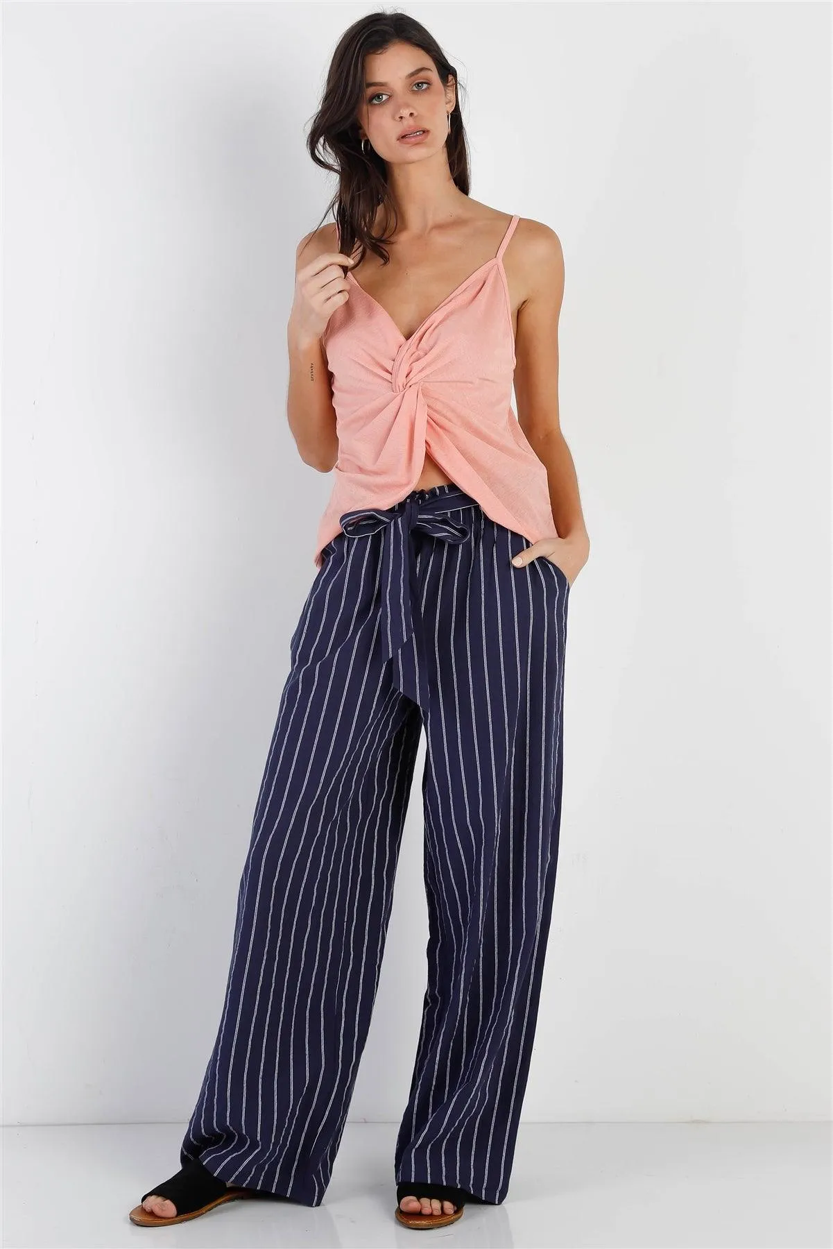 Navy & White Stripe Cotton Self-Tie Belted Wide Leg Pants /1-3-2-1