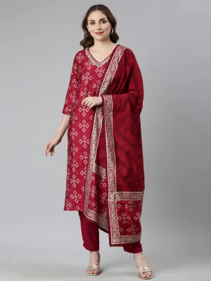 Neerus Pink Regular Straight Chevron Kurta And  Trousers With Dupatta