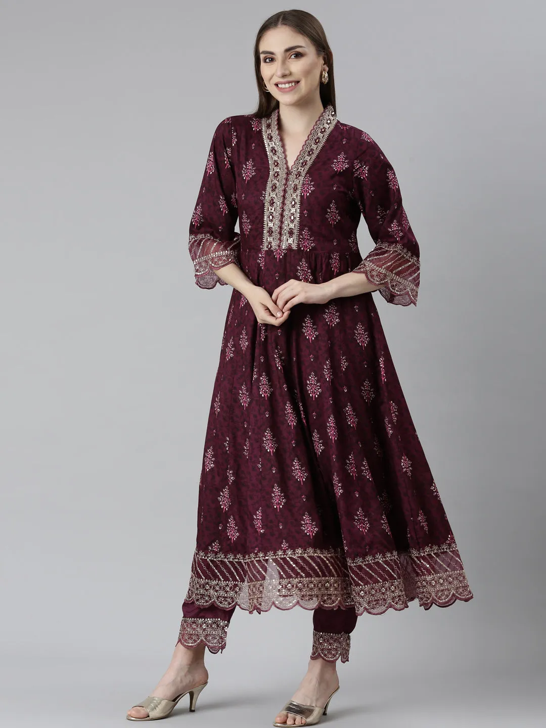 Neeru's Purple Regular Straight Floral Kurta And Trousers With Dupatta