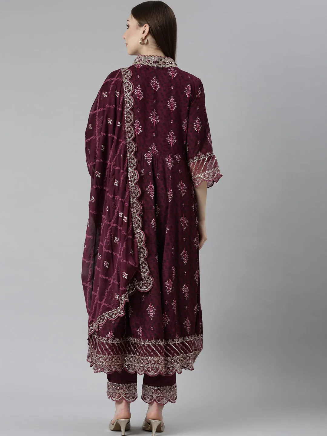 Neeru's Purple Regular Straight Floral Kurta And Trousers With Dupatta