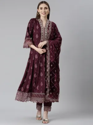 Neeru's Purple Regular Straight Floral Kurta And Trousers With Dupatta