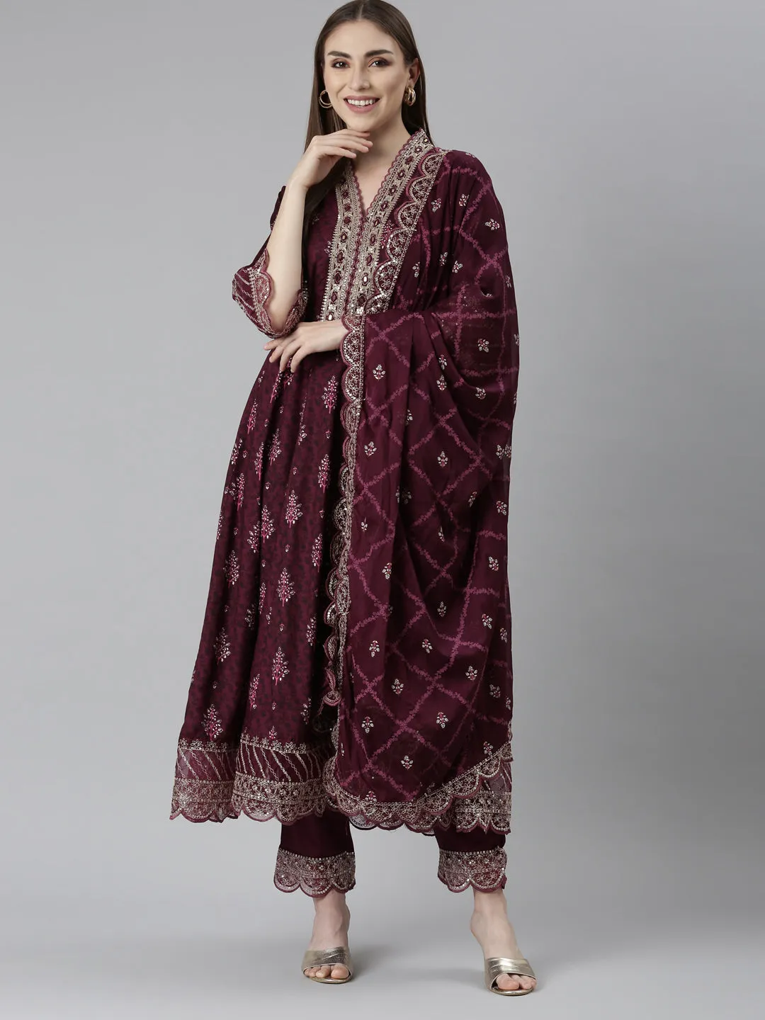 Neeru's Purple Regular Straight Floral Kurta And Trousers With Dupatta