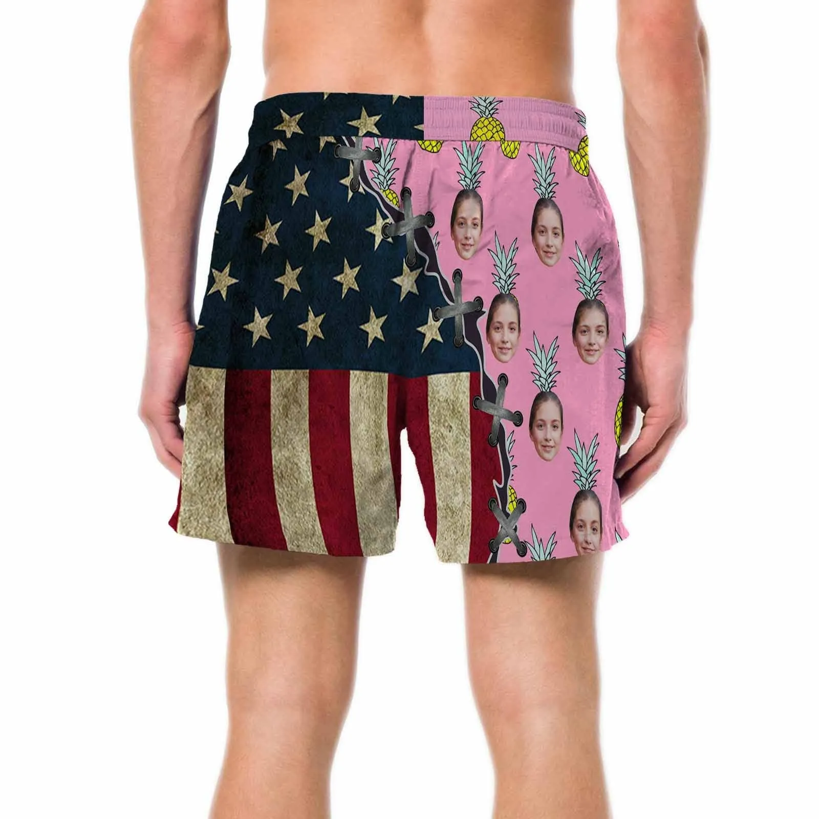 Personalized Face Swim Trunks Pineapple Flag Men's Quick Dry Swim Shorts Custom Photo Swim Trunks for Independence Day