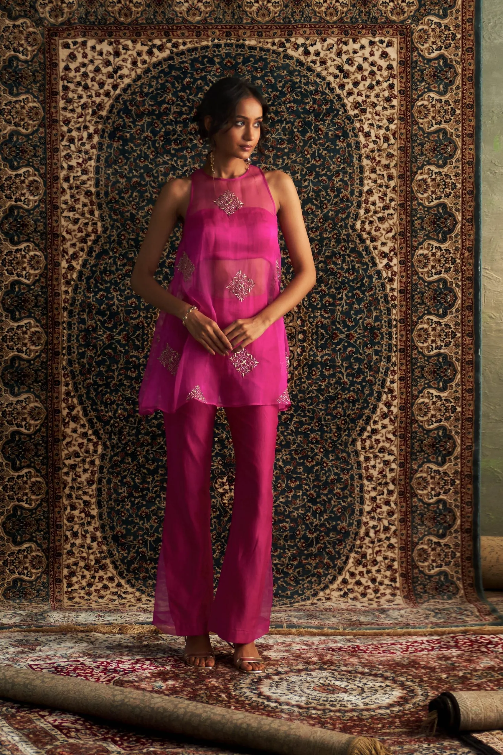 Rani Pink Embroidered Aline  Co-ord Set