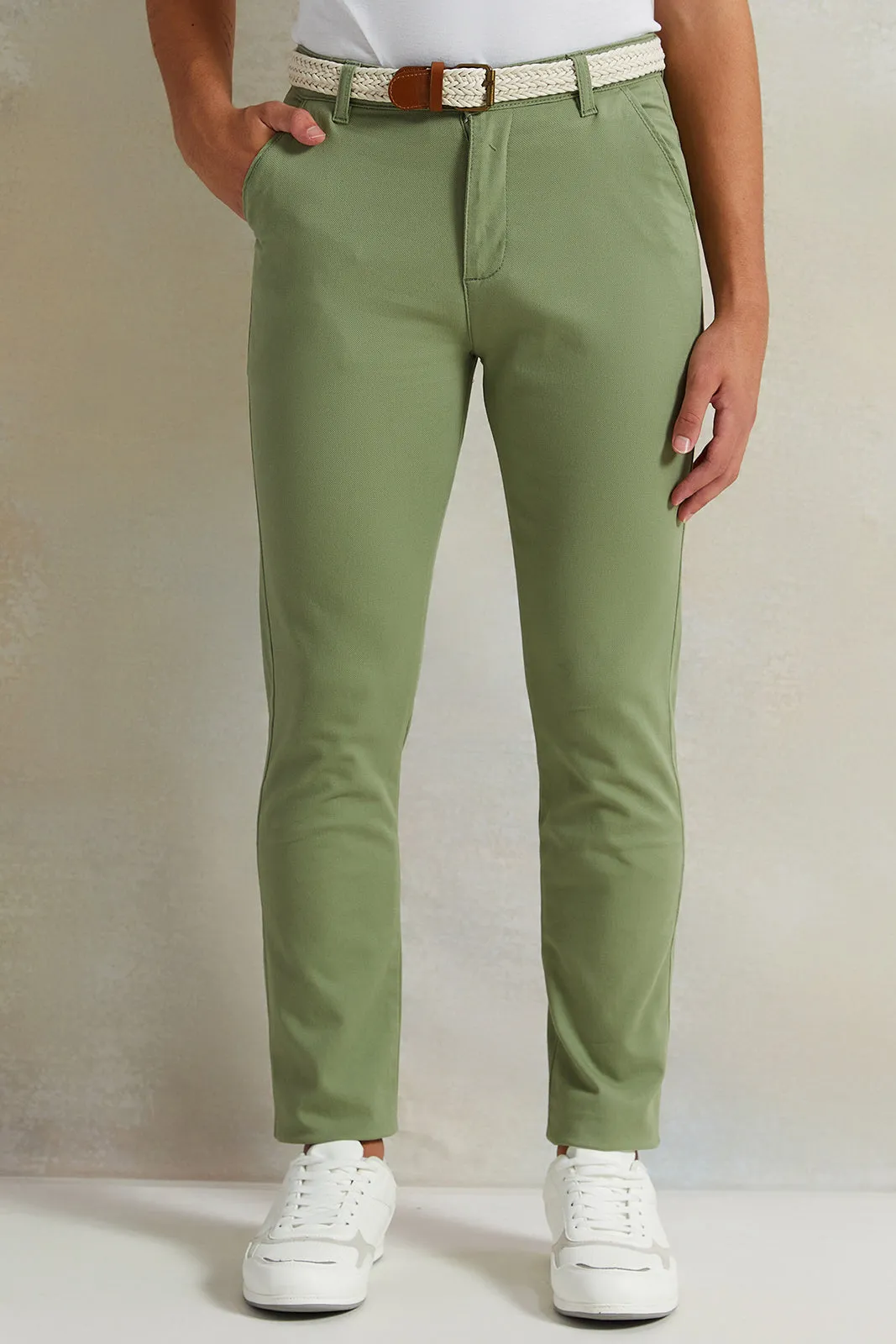 Senior Boys Green Belted Casual Trousers