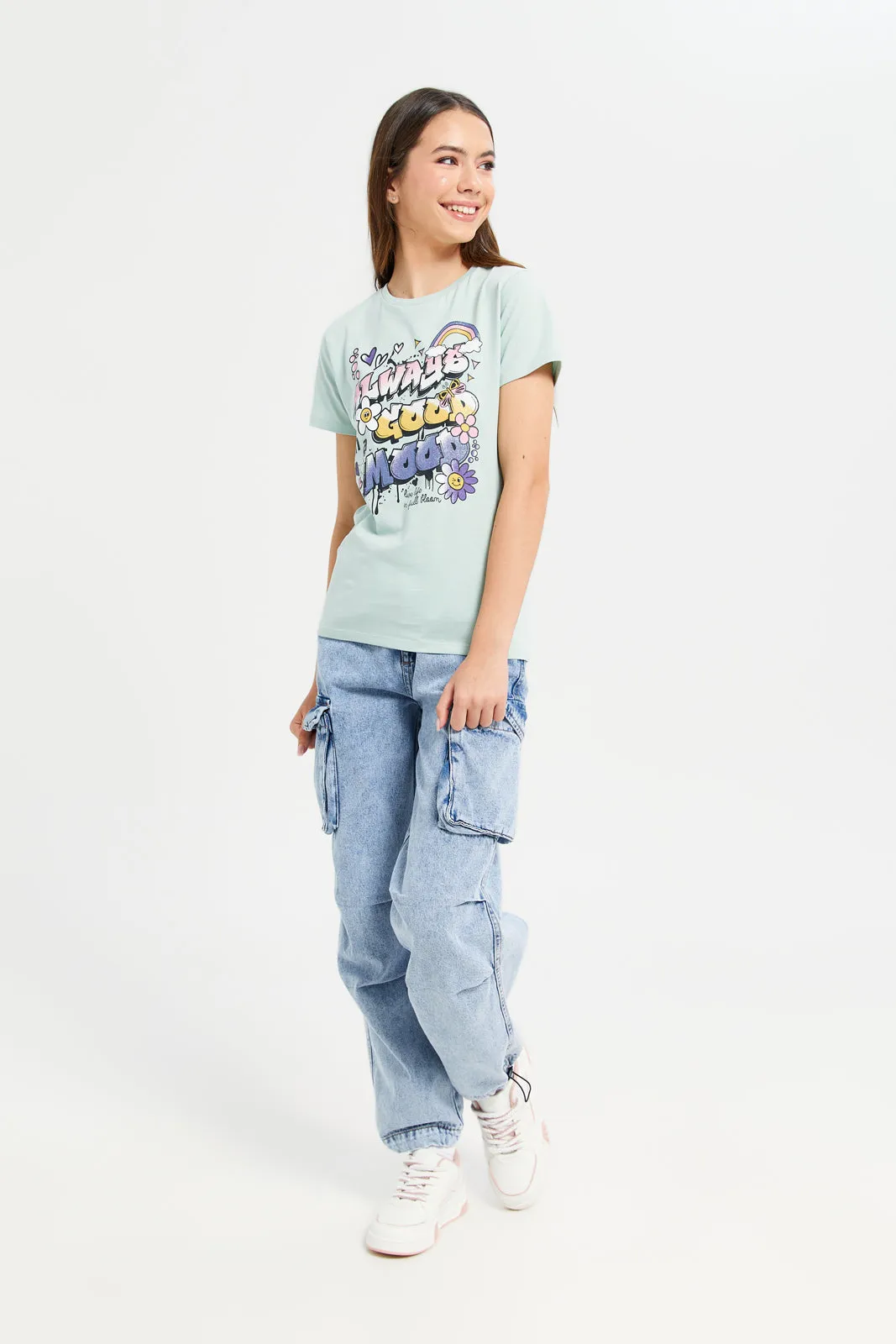 Senior Girls Blue Parachute Baggy Jeans