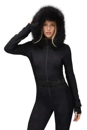 Sportalm One Piece Star Print Ski Suit in Black with Fur Hood