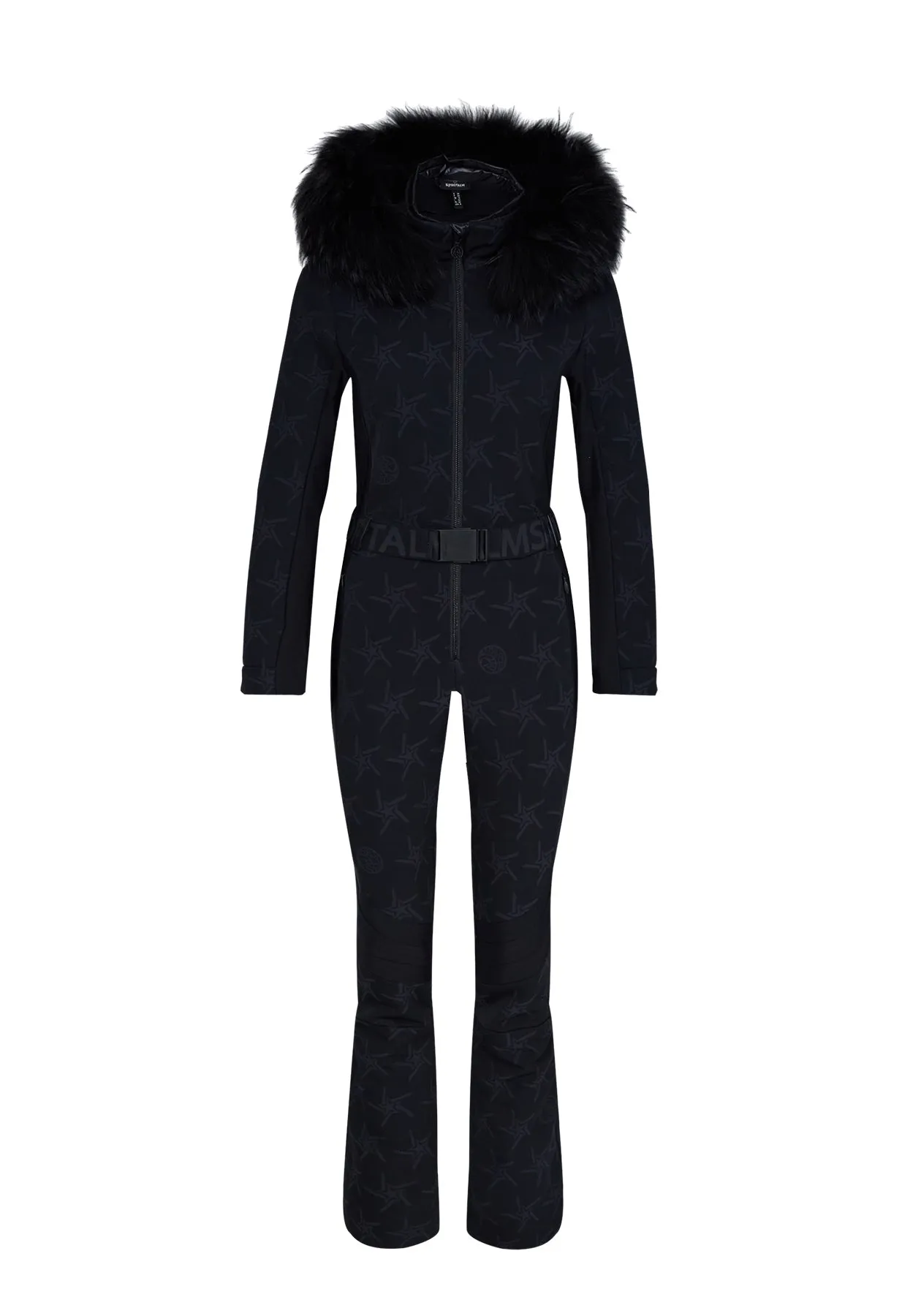 Sportalm One Piece Star Print Ski Suit in Black with Fur Hood