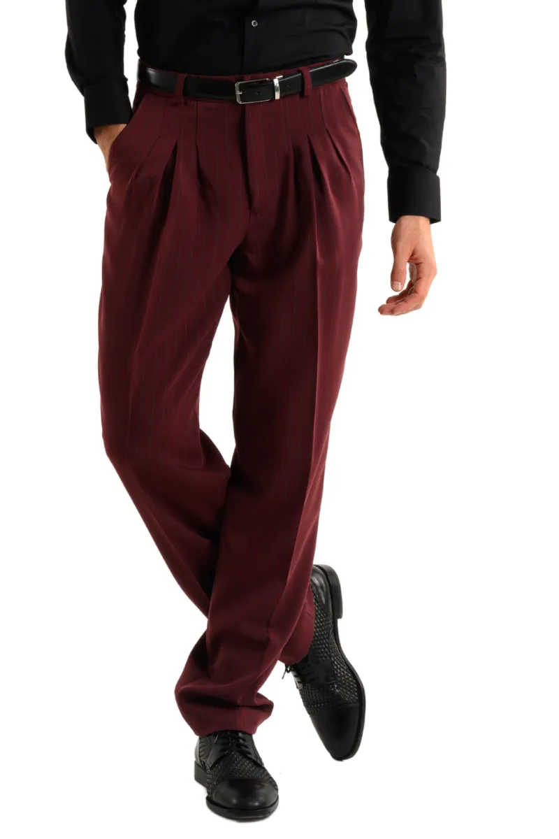 Striped Burgundy Men's Tango Pants With Three Pleats