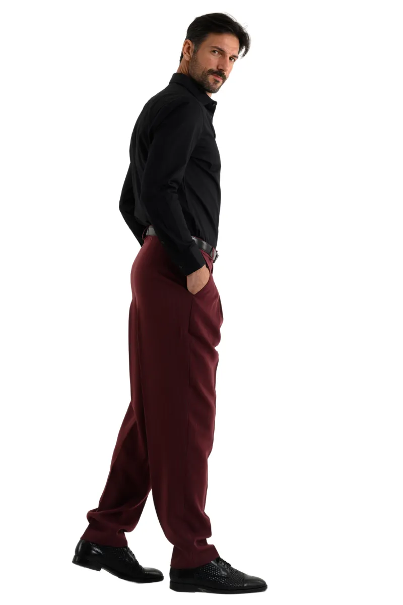 Striped Burgundy Men's Tango Pants With Three Pleats