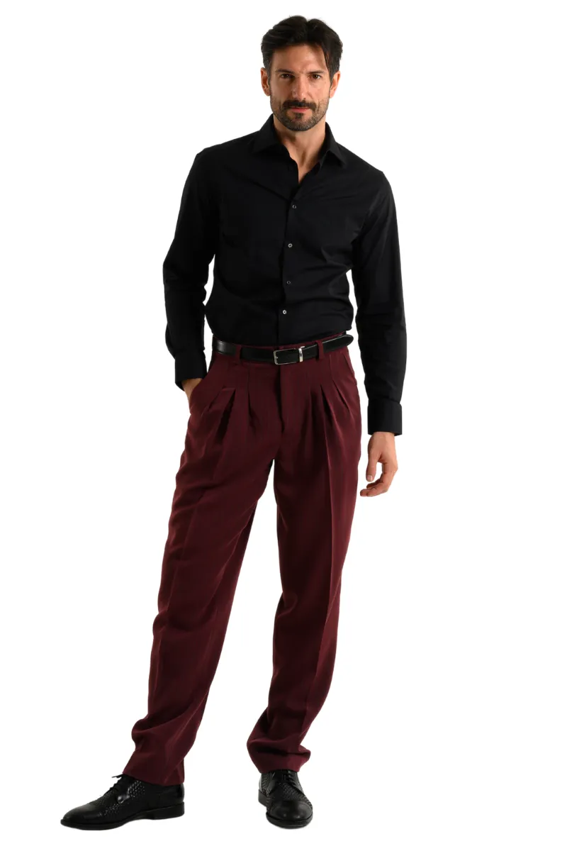 Striped Burgundy Men's Tango Pants With Three Pleats