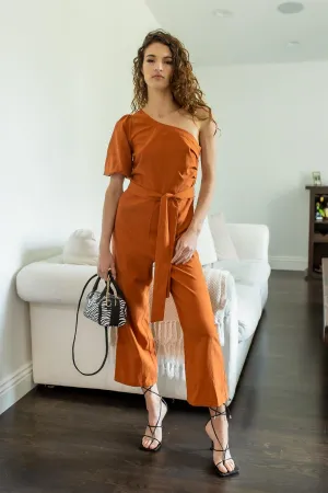 Terracotta Cotton Blend One Shoulder Puff Short Sleeve Belted Culotte Jumpsuit /2-2-1