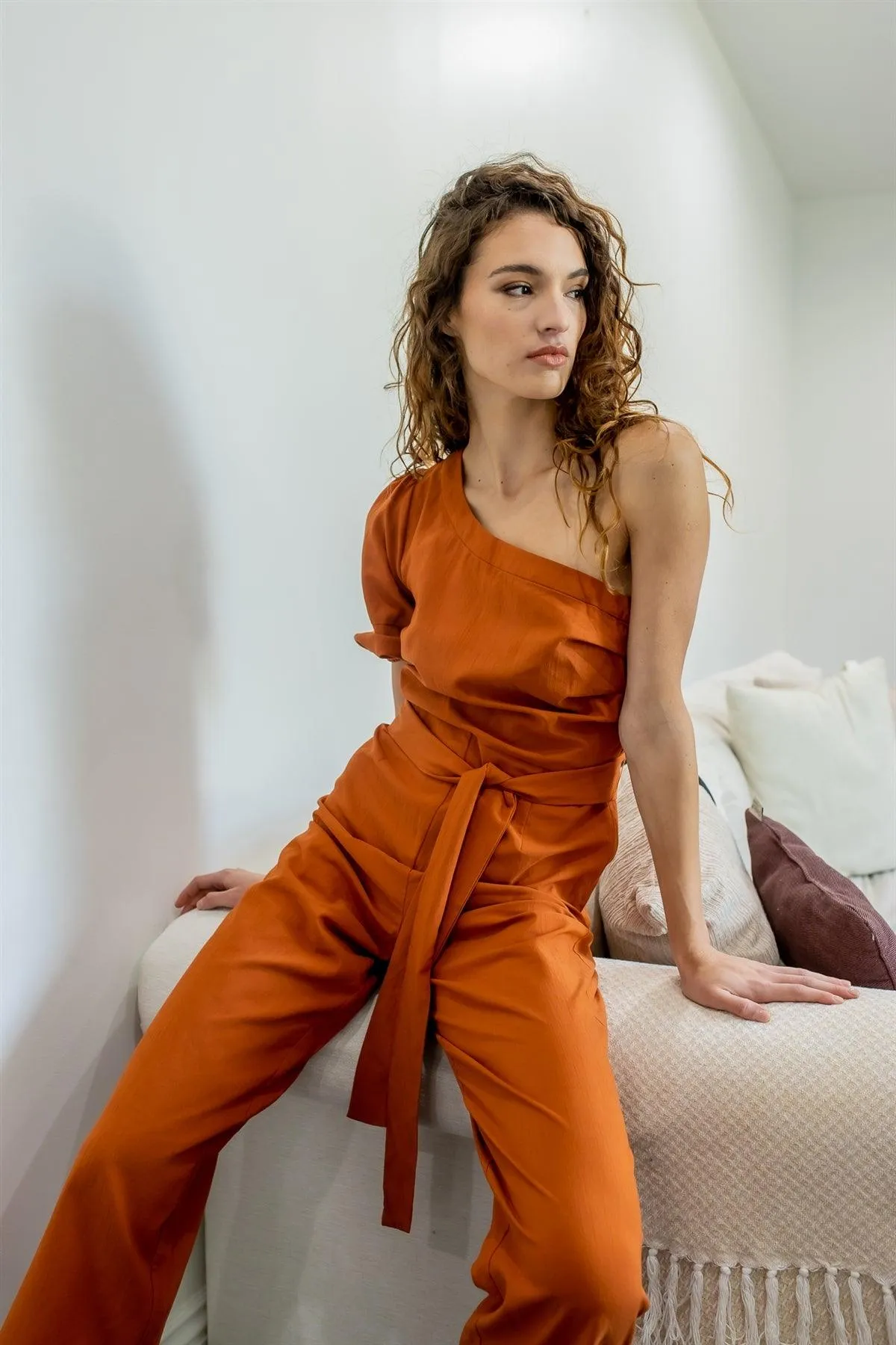 Terracotta Cotton Blend One Shoulder Puff Short Sleeve Belted Culotte Jumpsuit /2-2-1