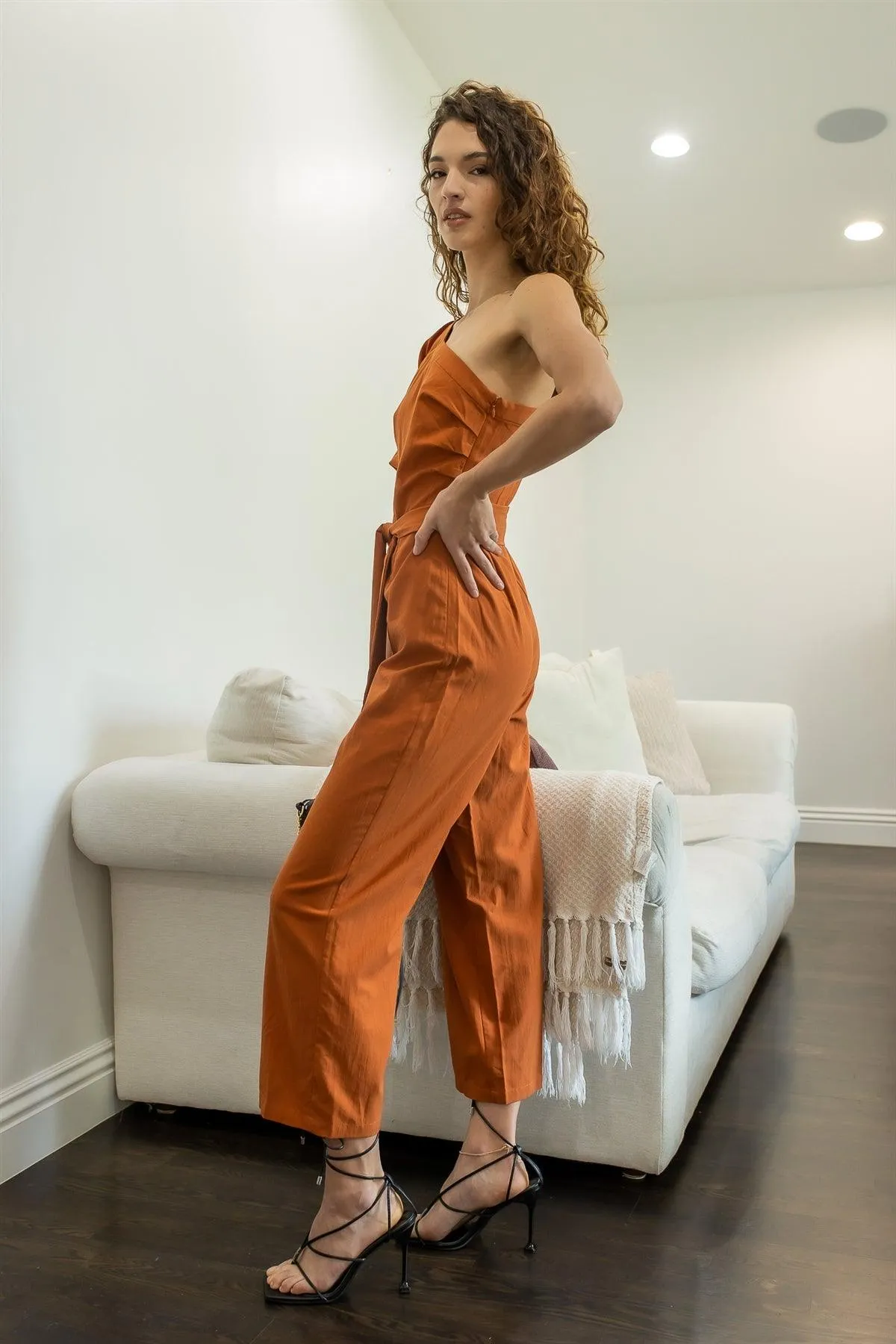 Terracotta Cotton Blend One Shoulder Puff Short Sleeve Belted Culotte Jumpsuit /2-2-1