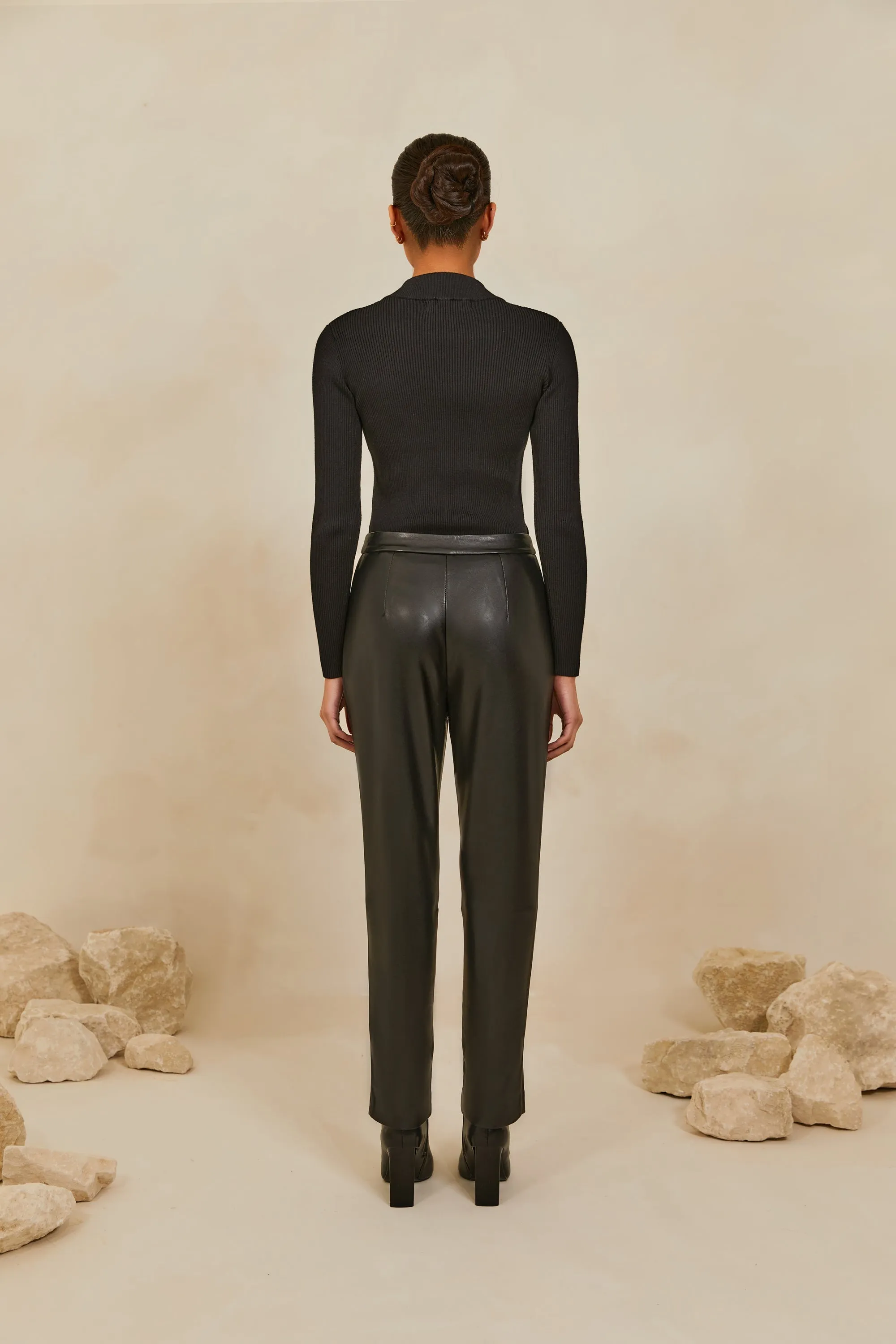 Vegan Leather Straight Leg Trousers - Black