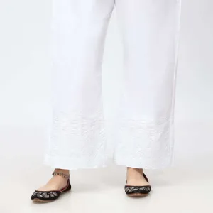 White Embroidered Bell Bottom Cambric Trouser PW3658