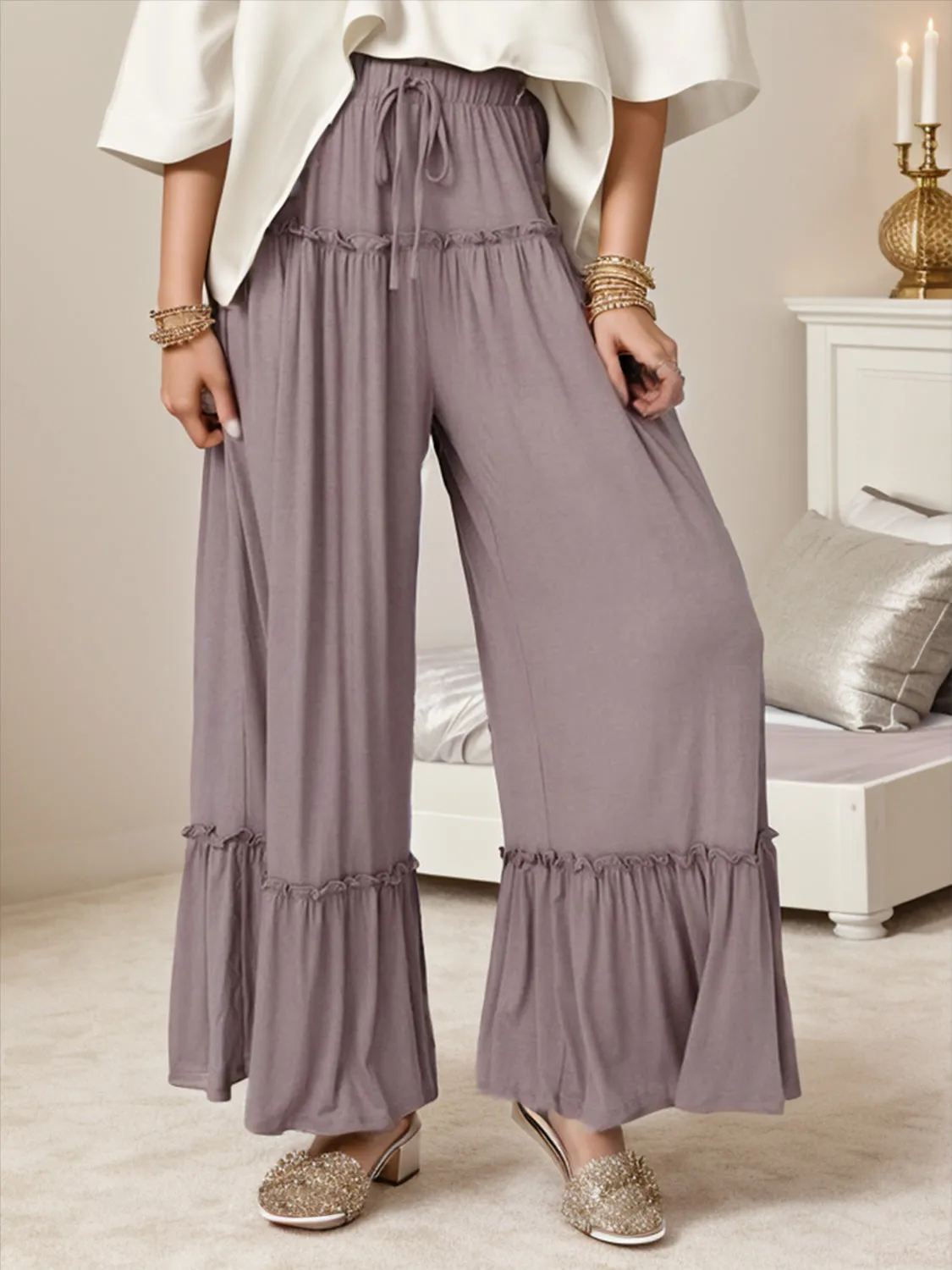 Wide Leg Ruffle Trim Pants