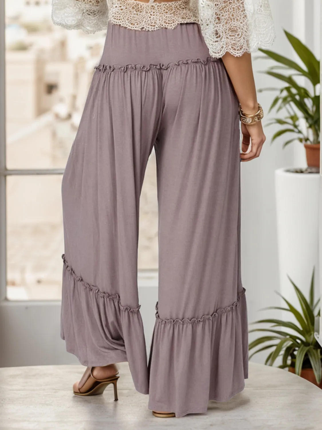 Wide Leg Ruffle Trim Pants