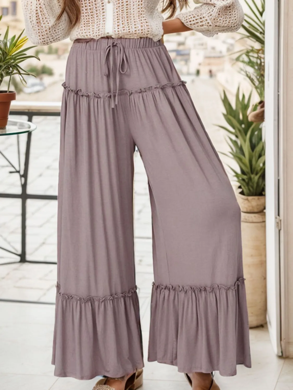 Wide Leg Ruffle Trim Pants