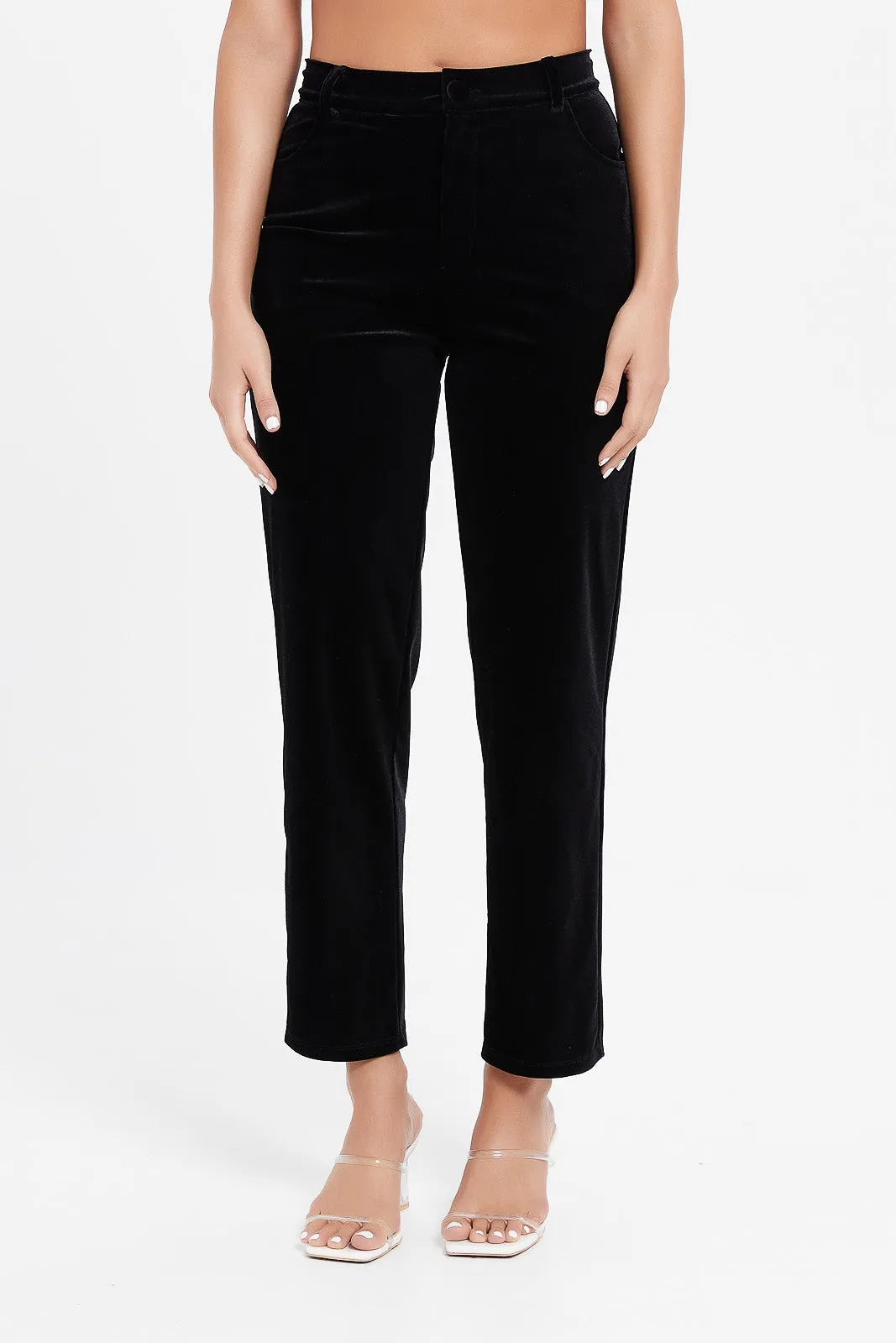 Women Black Velvet Straight Fit Trousers