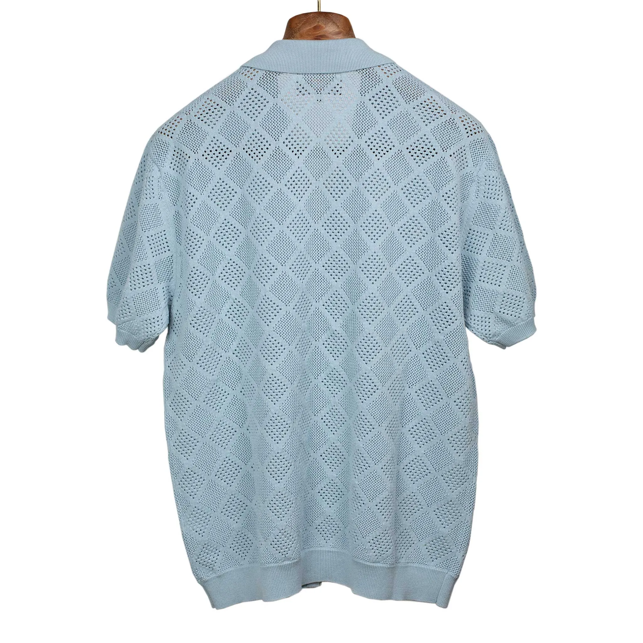 Zip knit polo in sax blue mesh patterned cotton